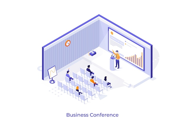 Vector conceptual template with speaker or lecturer making presentation in front of audience concept of business conference meeting public speech isometric vector illustration for event advertisement