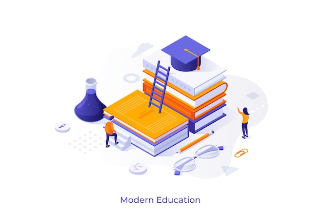 Vector conceptual template with student ascending pile of books with graduation cap on top scene for modern education studying at university obtaining knowledge isometric vector illustration