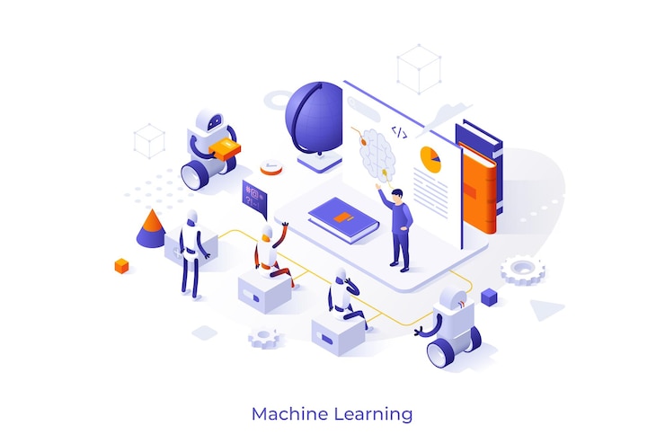 Vector conceptual template with teacher giving lecture to robots concept of artificial intelligence machine learning and computer science modern isometric vector illustration for website webpage