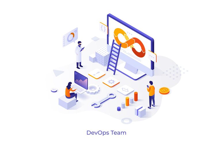 Vector conceptual template with team of programmers working on project computer diagrams scene of devops software development and information technology operations isometric vector illustration
