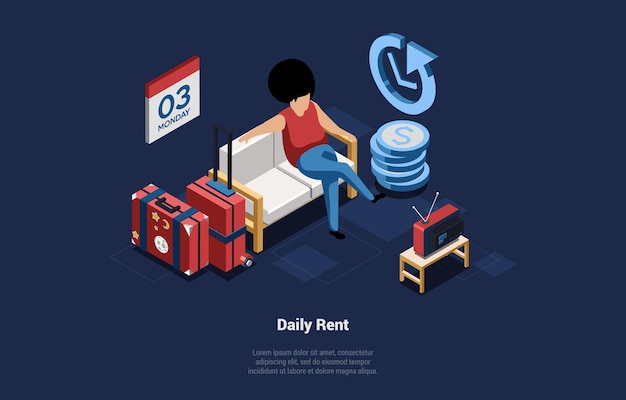 Conceptual Vector Illustration On Daily Rent Of Real Estate Property. House Lending. Isometric Composition In Cartoon 3D Style On Dark Background. Woman Sitting On Couch With Suitcases In Front Of TV.