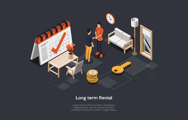 Conceptuele illustratie met tekst. isometrische vectorsamenstelling. cartoon 3d-stijl ontwerp. appartementverhuur op lange termijn, woningbouw, makelaardij, veiligheidsverzekeringscontract, dealproces