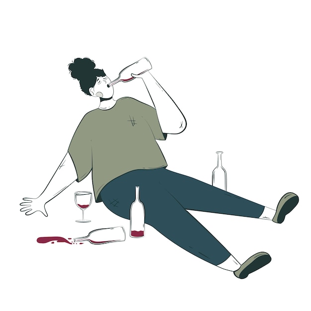 Conceptuele illustratie van de gevolgen van alcoholisme met een depressief karakter met alcoholverslaving die op de vloer drinkt tussen lege flessen