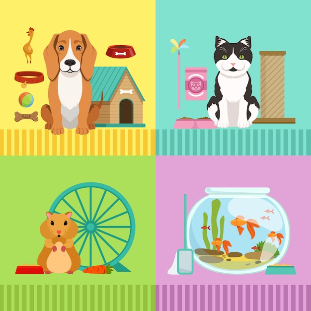 Conceptuele illustraties van verschillende huisdieren. Hond, kat, hamster en vissen.