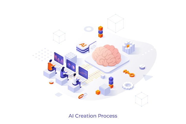 Conceptuele sjabloon met groep mensen die achter computers zitten en gigantische hersenen programmeren Concept van de creatie van kunstmatige intelligentie machine learning technologie Isometrische vectorillustratie