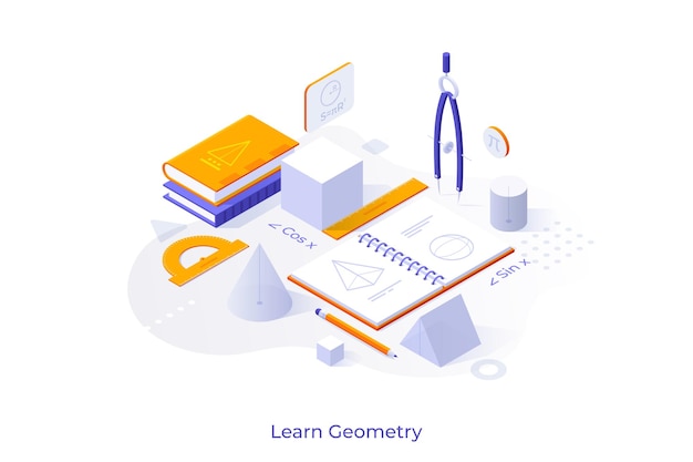 Conceptuele sjabloon met leerboeken geometrische figuren en tekeningen in notebook scène voor geometrie leercursus schooldiscipline studeren moderne isometrische vectorillustratie voor website