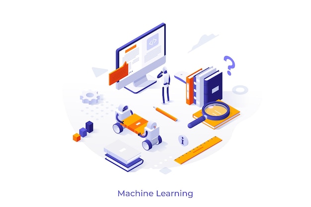 Conceptuele sjabloon met robot die voor het computerscherm staat en tekst leest Concept van kunstmatige intelligentie machine learning technologie Moderne isometrische vectorillustratie