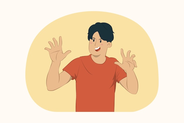 Concerned young man showing stop gesture aside with palm concept