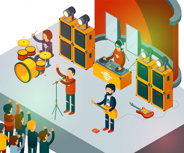 Vector concert scene. isometric rock band singing people entertainment crowd vector concept