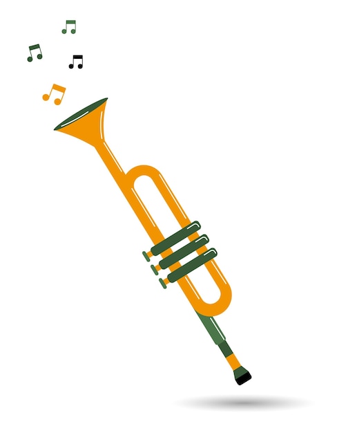 Concert trompet en notities, muziekinstrumenten. Geelgroen ontwerp. Illustratie, pictogram, vector