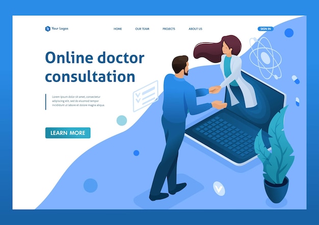 Conclusion of the contract for online consultation of the doctor 3d isometric landing page