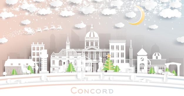 Concord New Hampshire Winter City Skyline в стиле вырезки из бумаги со снежинками Луны и неоновой гирляндой
