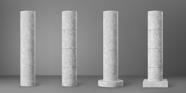 Set di colonne cilindriche in cemento isolato su sfondo grigio. pilastro 3d in cemento realistico per interni di stanze moderne o costruzione di ponti. base per palo in cemento strutturato vettoriale per banner o cartellone pubblicitario.