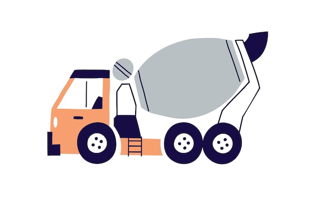 Concrete mixer truck in Scandinavian style. Construction car toy, heavy industry vehicle with cement, beton. Industrial transport. Childish flat vector illustration isolated on white background