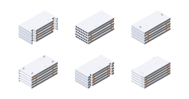 Vector concrete slab icons in isometric view. stacks of cement panels. building materials storage concept.