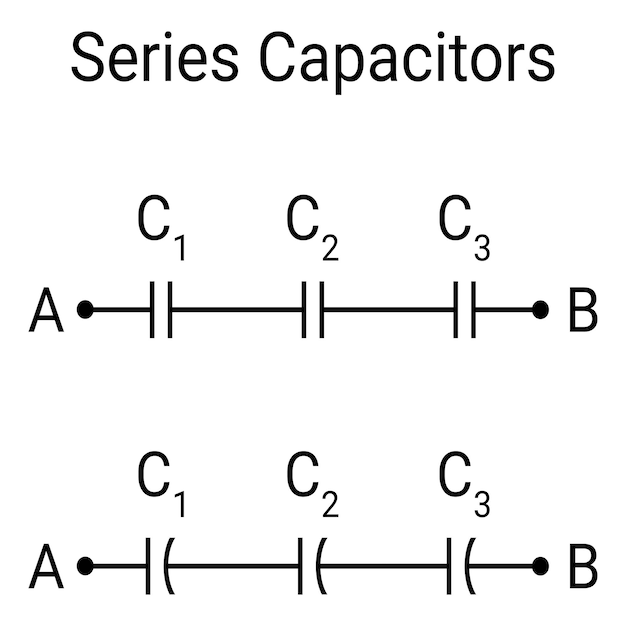 Condensator in serieschakeling. Symbolen. Elektrisch en elektronisch circuit. Natuurkunde lessen.