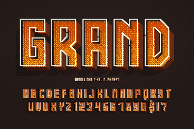 Vector condensed pixel neon alphabet design stylized like in 8bit games