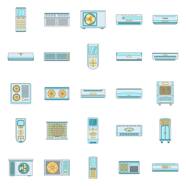 Vettore set di icone remote di ventilazione del filtro d'aria del condizionatore di aria illustrazione di 25 icone vettoriali remote del filtro di aria del condizionamento di aria linea sottile colore piatto su bianco