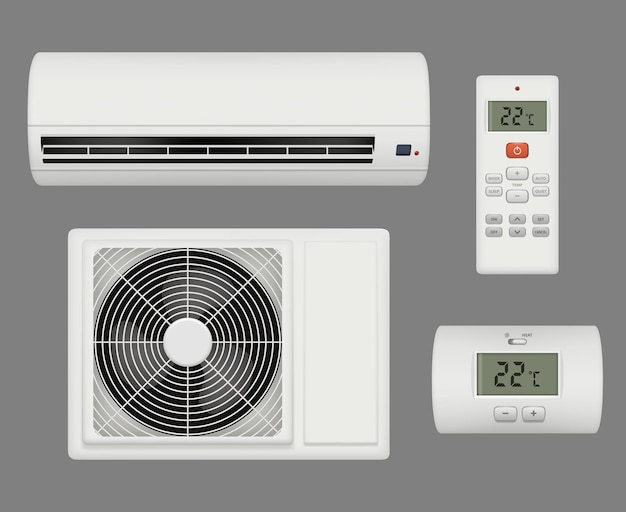 Conditioner realistic. Air ventilation purifier comfortable interior. Air conditioner equipment, home cooler conditioning illustration