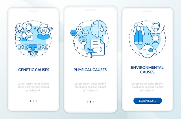 Conduct disorder causes blue onboarding mobile app screen Mental issue Walkthrough 3 steps graphic instructions pages with linear concepts UI UX GUI template Myriad ProBold Regular fonts used