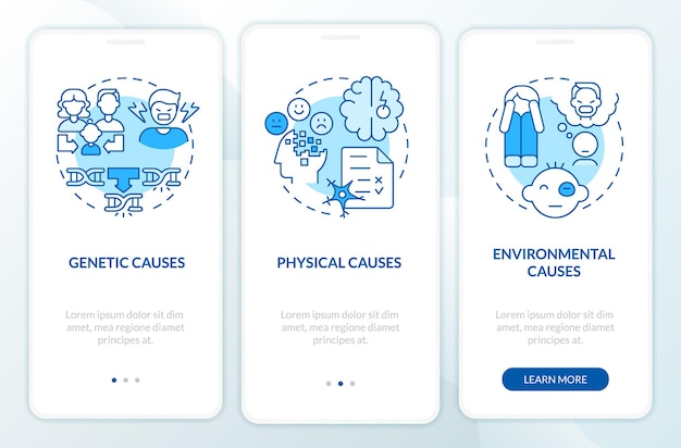 Disturbi della condotta provocano l'onboarding blu schermo dell'app mobile problemi mentali procedura dettagliata 3 passaggi pagine di istruzioni grafiche con concetti lineari modello gui ui ux miriade di probold caratteri utilizzati regolarmente