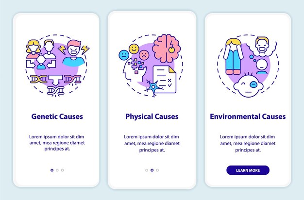 Conduct disorder causes onboarding mobile app screen Mental issue Walkthrough 3 steps graphic instructions pages with linear concepts UI UX GUI template Myriad ProBold Regular fonts used