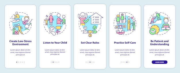 Conduct disorder tips for parents onboarding mobile app screen Walkthrough 5 steps graphic instructions pages with linear concepts UI UX GUI template Myriad ProBold Regular fonts used