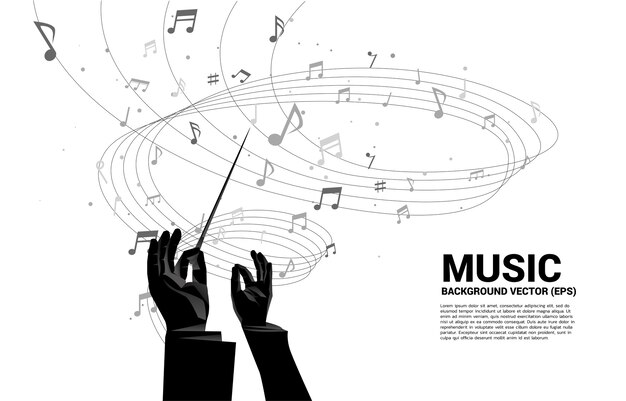 Vector conductor hand with music melody note dancing flow .