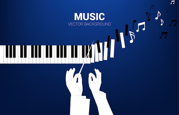 Conductor hand with piano key transform to music note. background concept for classic song event and music festival