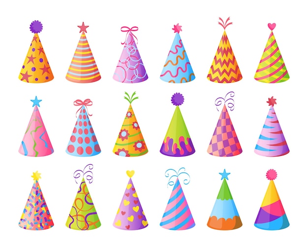 Cone kleurrijke caps voor happy birthday party set. Vectorillustraties van kinderen papieren hoeden voor carnaval. Cartoon grappige feestelijke objecten geïsoleerd op wit. Accessoire voor vakantie, feestconcept