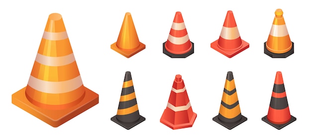 Cone traffic icon set, isometrische stijl