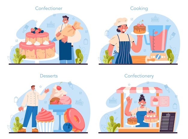 Confectioner concept set. professional confectioner chef making different sweets. baker cooking a cake for holiday or celebration, cupcakes with frosting and candies. flat vector illustration