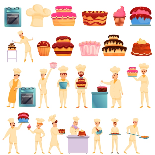 Vector confectioner icons set, cartoon style