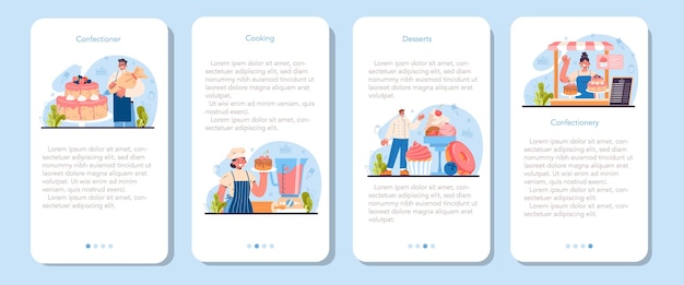 菓子モバイルアプリケーションバナーセット。さまざまなお菓子を作るプロの菓子職人。お祝いのケーキ、フロスティングとキャンディーのカップケーキを調理するパン屋。フラットベクトルイラスト