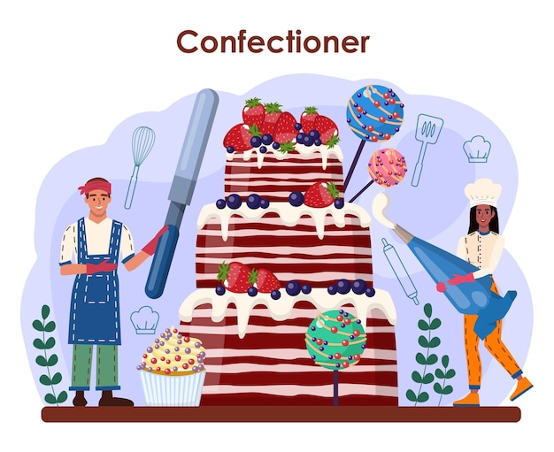 Vector confectioner. professional confectioner chef maling sweets. baker
