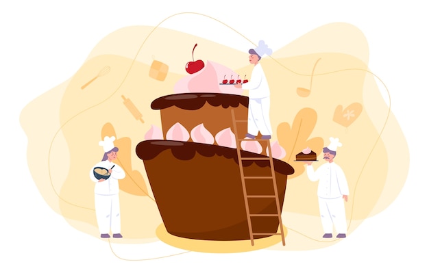 Confectioner. Professional confectioner chef. Sweet baker cooking pie for holiday, cupcake, chocolate brownie. Isolated flat vector illustration