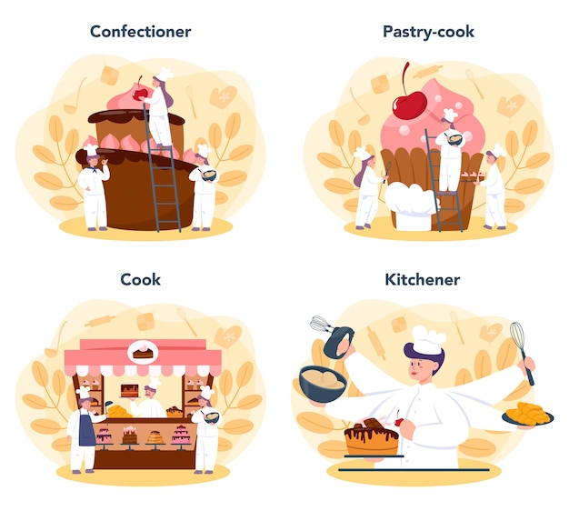 Confectioner set. Professional confectioner chef. Sweet baker cooking pie for holiday, cupcake, chocolate brownie.    