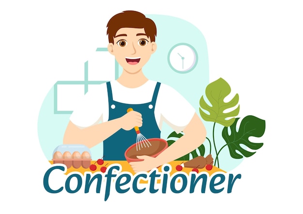 Confectioner Vector Illustration with Chef Wearing Apron Preparing Dessert and Pastry in Templates