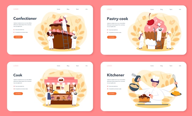 Confectioner web landing page set. professional confectioner chef. sweet baker cooking pie for holiday, cupcake, chocolate brownie. isolated flat vector illustration