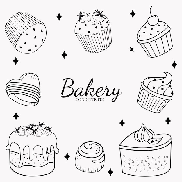 Vector confectionery card logo illustration ready printready doodle black and white doodle pastries