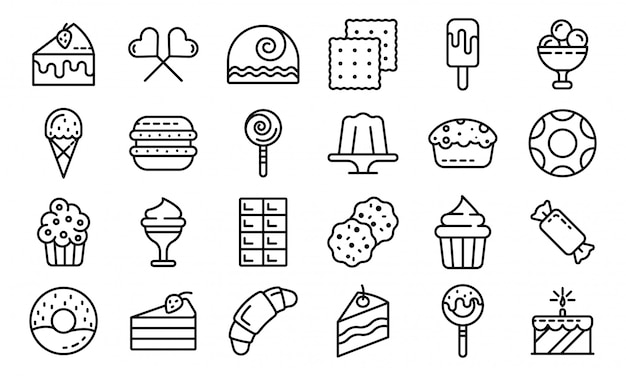Confectionery icons set, outline style