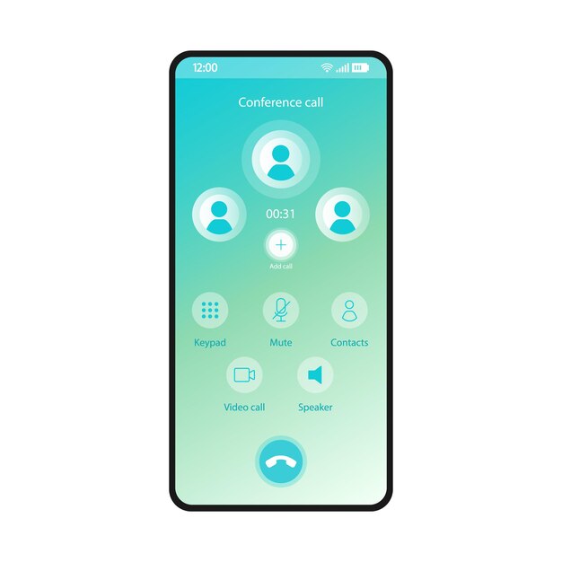 Vector conference call smartphone interface vector template. mobile app page blue gradient design layout. group call, audio conferencing screen. flat ui for application. mute, speaker, keypad. phone display