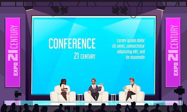 Вектор Конференц-зал фон с выставочными символами презентации плоской иллюстрации