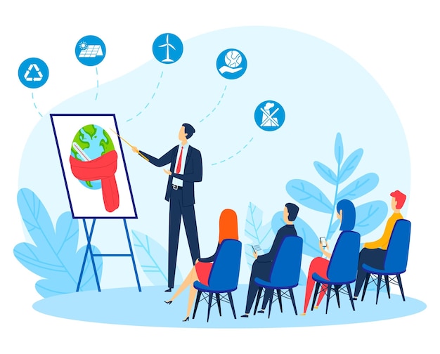 Conference presentation people counting nature planet eco pollution problem audience design flat style vector illustration