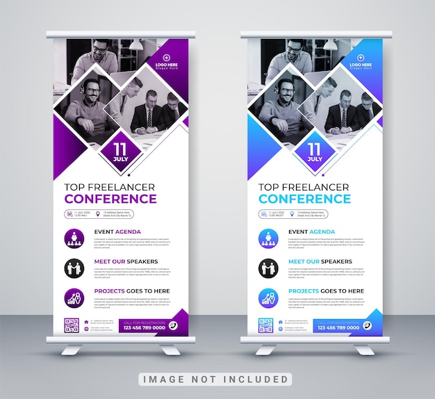 Conferenza rollup banner corporate business company seminario annuale rack card, x stand, dl flyer