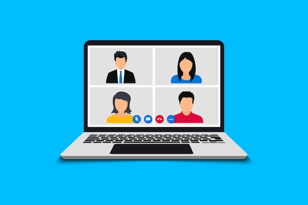 Conferentie videogesprek. Online vergaderen in videogesprek. Webvideoconferentie. Team met behulp van laptop voor een online vergadering. Thuiswerken ideeën delen brainstormen onderhandelen, pc-scherm