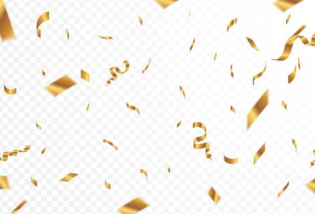 透明な背景のコンフェッティの爆発 輝く金色の紙切れが飛んで散らばります