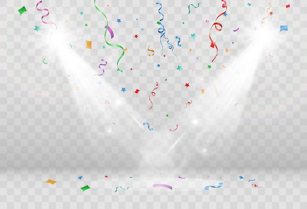 Confetti falling over transparent background.