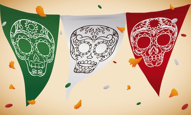 Confetti and petals shower over pennants with skulls and Mexican colors for Day of the Dead