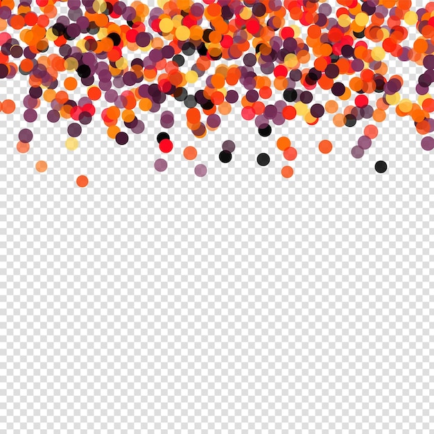 Vector confetti polka dot halloween background. orange black falling paper circles on transparent background. template for design postcards, poster, helloween invitation.